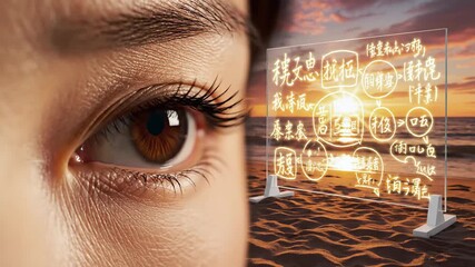 Eye Sees Futuristic Transparent Screen With Chinese Characters and Sunset Reflection - Powered by Adobe