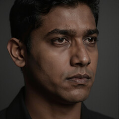 Obraz premium Serious Portrait of a South Asian Man with Thoughtful Gaze and Dramatic Lighting