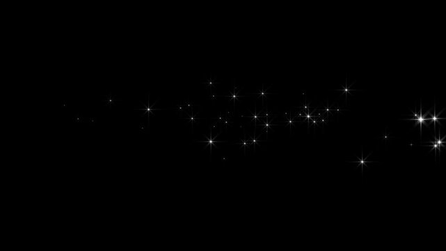 4k glitter stars line animation with white twinkling stars trail, glowing doodle stars, glitter stars particles background overlay, fairy dust wand shimmer transition on black screen, stardust line