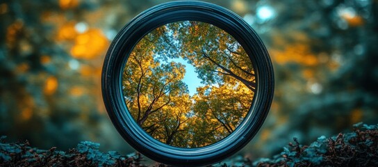 Circular frame offering a clear view of vibrant autumn trees and blue sky, contrasting with a blurred forest background
