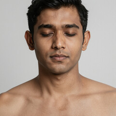 Obraz premium Serene Asian man with closed eyes in minimalist portrait, realistic skin texture, calm expression, professional photography