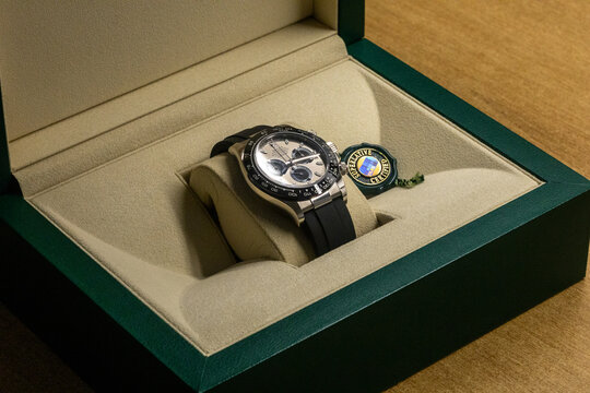 LJUBLJANA, SLOVENIA - December 12, 2021: Luxury watch Rolex Oyster Perpetual close up with selective focus