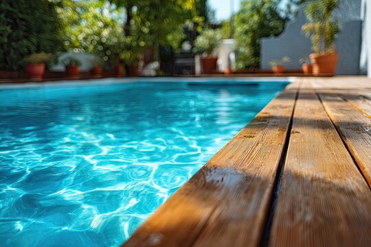 Close-up of a wooden deck edging a sparkling turquoise pool in a sunlit outdoor space