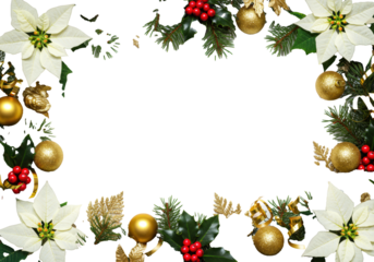 Vibrant white poinsettia, red holly, green pine, gold foliage, baubles, and ribbons frame transparent copy space, traditional Christmas season atmosphere.