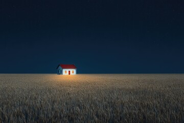 A small house glows brightly at night in a field under a starry sky