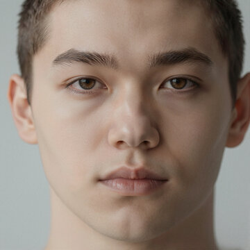 Close-up portrait of a Nordic young person with neutral expression and detailed, realistic skin texture, illuminated by high-key professional lighting