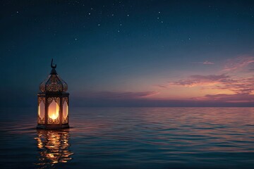 A glowing lantern floats serene on water under a twilight sky dotted with stars