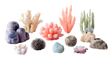 Colorful, diverse collection of coral and rock formations, isolated on black