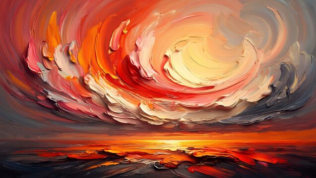 Vibrant orange and red swirling clouds at sunset over landscape - Powered by Adobe