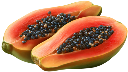 Two papaya halves revealing vibrant orange flesh and black seeds
