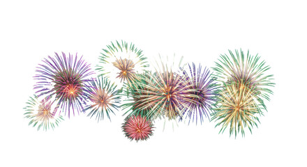 Multiple vibrant red, green, violet, yellow, and blue fireworks frozen mid-explosion against a transparent background, showcasing intricate light patterns and sparkling trails, festive celebration