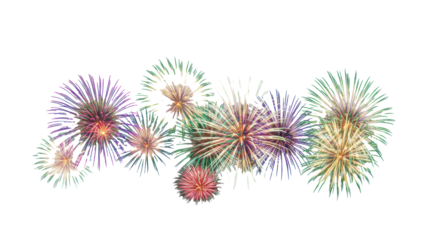 Multiple vibrant red, green, violet, yellow, and blue fireworks frozen mid-explosion against a transparent background, showcasing intricate light patterns and sparkling trails, festive celebration