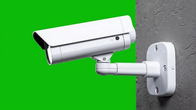 White CCTV security camera mounted on a gray wall with green background