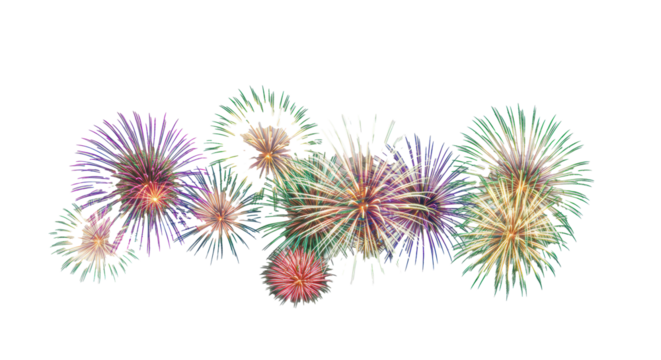 Multiple vibrant red, green, violet, yellow, and blue fireworks frozen mid-explosion against a transparent background, showcasing intricate light patterns and sparkling trails, festive celebration - Powered by Adobe