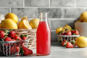A vibrant bottle of pink drink sits amidst fresh lemons and strawberries