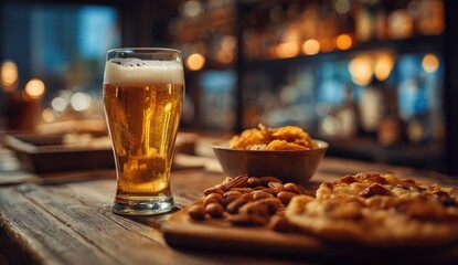 Pint of golden beer, snacks, and appetizers on a wooden bar in a dimly lit setting