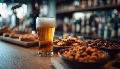 A glass of beer with snacks at a bar, blurred background with bottles