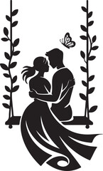 Artistic black vector illustration of a romantic couple and their child in a family silhouette design featuring love and beauty