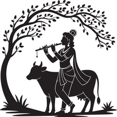 Vector illustration of a young man with a guitar and dog silhouette featuring a fashion woman dancing near a floral horse and grunge music art design