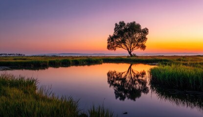 A lone tree mirrored in calm water, bathed in the warm hues of a vibrant sunset