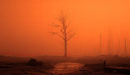 Barren, hazy landscape features a lone tree and remnants bathed in orange light
