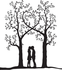 A happy couple and their child enjoy a romantic spring afternoon standing by a large tree silhouette in a lush green park landscape illustration