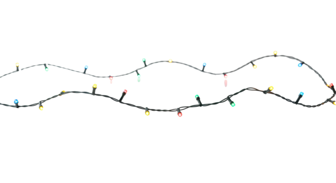 Vibrant multicolored LED fairy lights with red, green, blue, yellow, orange bulbs on a matte black wire in a wavy pattern, set in a bright white studio with copy space. Holiday cheer and coziness - Powered by Adobe