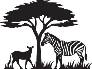 A wild striped zebra and a lone tree stand in the savanna grass as this majestic nature mammal profiles the safari wildlife