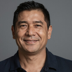 Obraz premium Portrait of a Latino man with a gentle smile, studio lighting, realistic skin texture, high detail