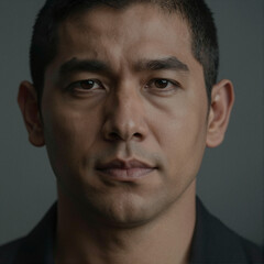 Obraz premium Portrait of a Hispanic Man with Subtle Mysterious Expression and Cinematic Lighting
