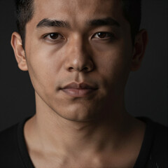 Obraz premium Portrait of a Hispanic man with a subtle, mysterious expression, cinematic lighting, realistic skin texture, high detail, professional photography