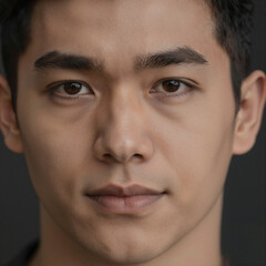 Obraz premium Close-up portrait of a young Hispanic person with calm expression against a dark background
