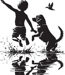 Vector illustration of a child, boy, and girl running and jumping with their dog in a black silhouette art style featuring people in a sport or dance design
