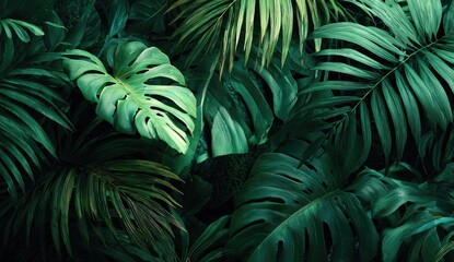 Lush, dense close-up of vibrant, dark green tropical foliage with prominent leaves