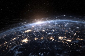 Illuminated Earth at night, with network lines connecting cities in a starfield