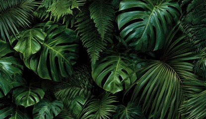 Dense cluster of vibrant green tropical foliage, showcasing various leaf shapes