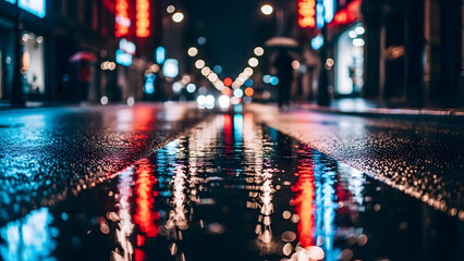Rainy City Street with Neon Light Reflections at Night