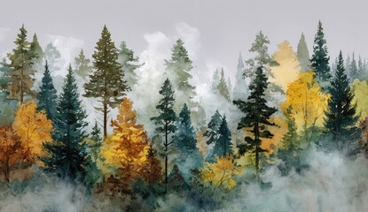 Painting of a vibrant forest in fall with colorful trees and a misty backdrop