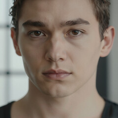 Obraz premium Close-up portrait of a young person with serious, thoughtful expression, natural window light, high detail skin texture