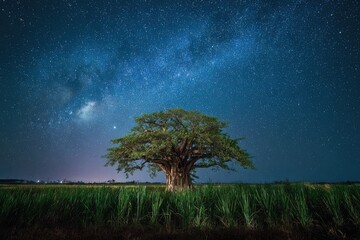 Majestic lone tree stands against a vibrant night sky with a shimmering Milky Way
