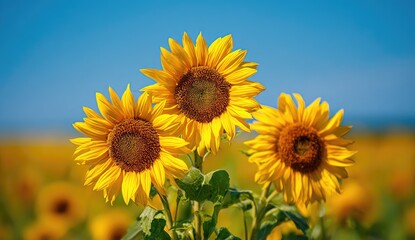 Obraz premium Three vibrant sunflowers stand tall against a clear blue sky, field in background