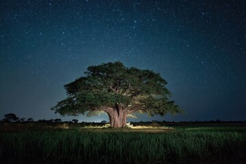 A majestic, solitary tree stands under a dark, starry sky in a vast field