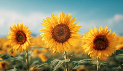Obraz premium Three vibrant sunflowers stand tall in a field against a bright blue sky
