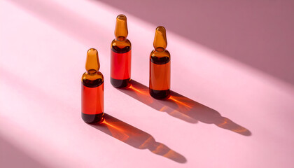Three Amber Glass Ampoules Filled With Red Liquid On A Pink Surface With Shadows.