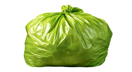 Isolated, vibrant green plastic refuse sack, knotted at the top against a black backdrop