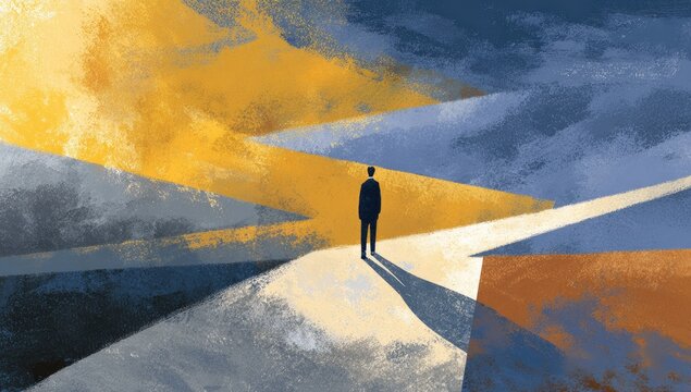 Silhouette of a person at a crossroads, with painted sky and abstract paths