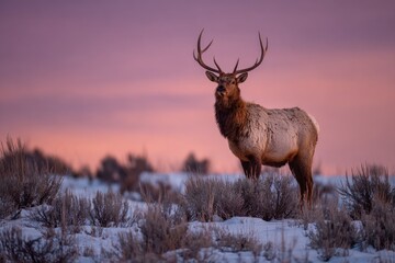 Majestic elk stands proudly in a snowy landscape against a pink and purple sunset