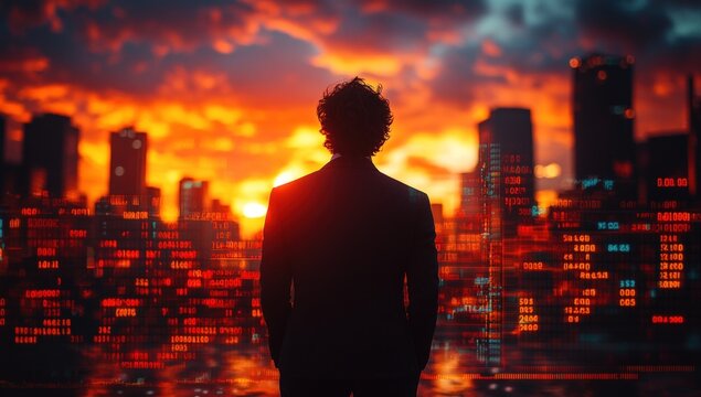 Back of person in suit overlooking a futuristic digital cityscape with glowing data at fiery sunset - Powered by Adobe