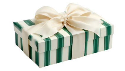 A green-striped gift box tied with a large ivory ribbon against a transparent background