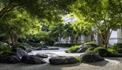Naklejka premium A serene rock garden with meticulously placed stones, trees, and sunlight